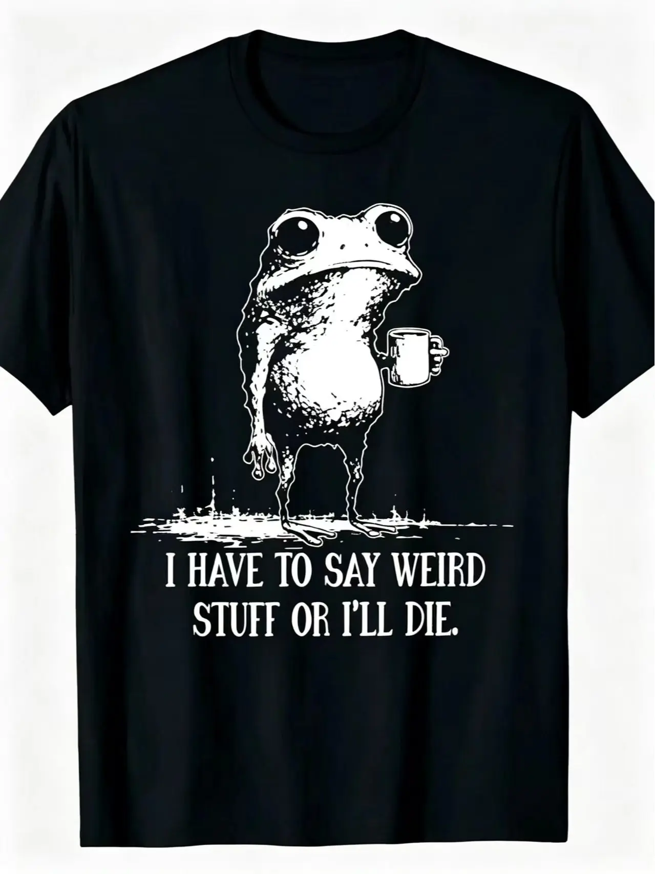 Men's Short-Sleeve Round-Neck Graphic Top - "Say Weird Stuff" Frog Meme Quote Streetwear Casual Sports & Outdoor Shirt