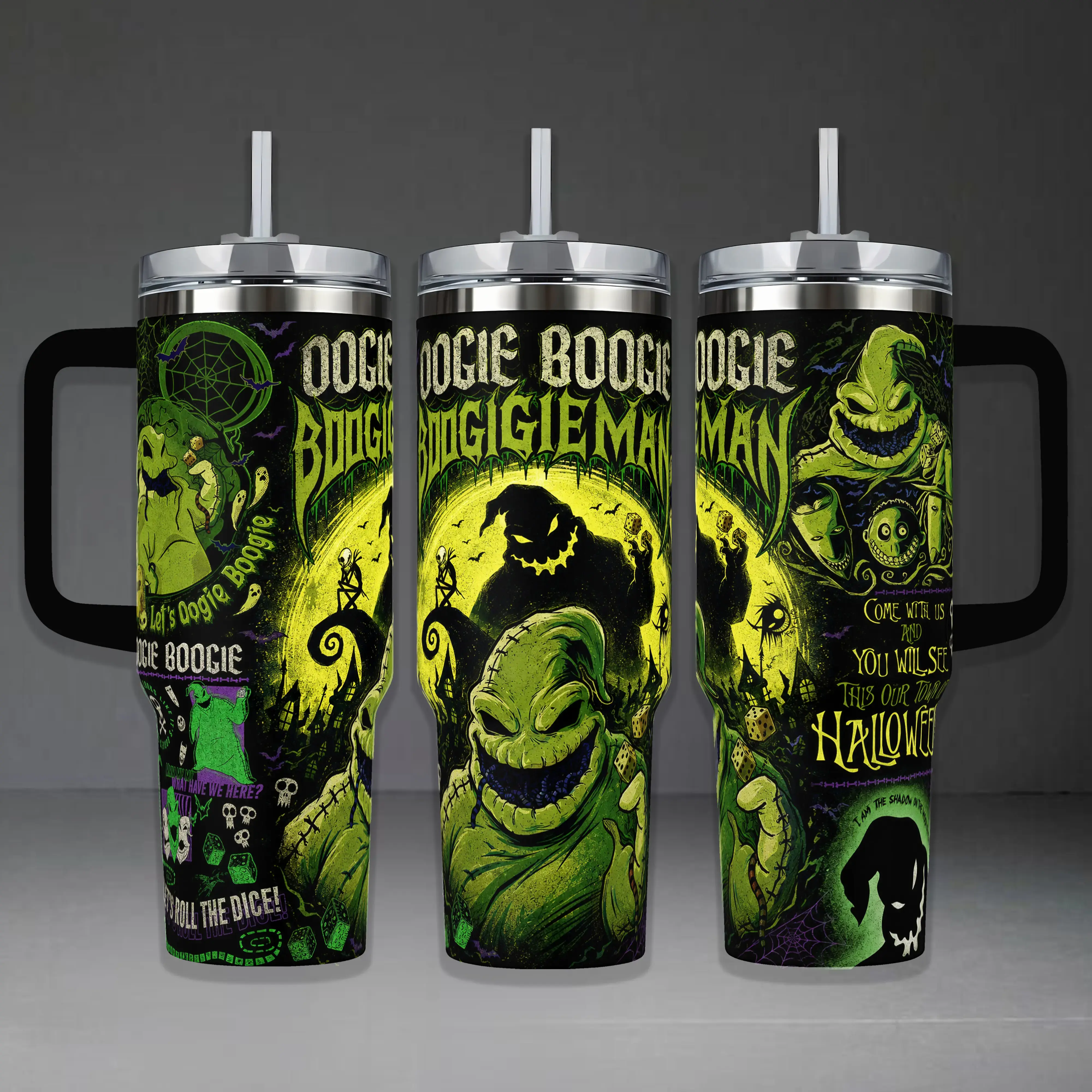 Oogie Boogie Man Insulated Reusable Stainless Steel Travel Tumbler - 20oz/40oz Vacuum Flask with Handle, Silicone Straw, Lid, Coffee Compatible, Printed Nightmare Before Xmas Art, Halloween Fan Merch Gift for Tim Burton Collectors, Insulation, Double Wall