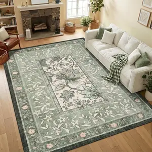 Botanical Grove Sage Green Vintage Cottagecore Non-Slip Washable Rug for Living Room Bedroom Nursery Kitchen Low-Pile Retro Carpet