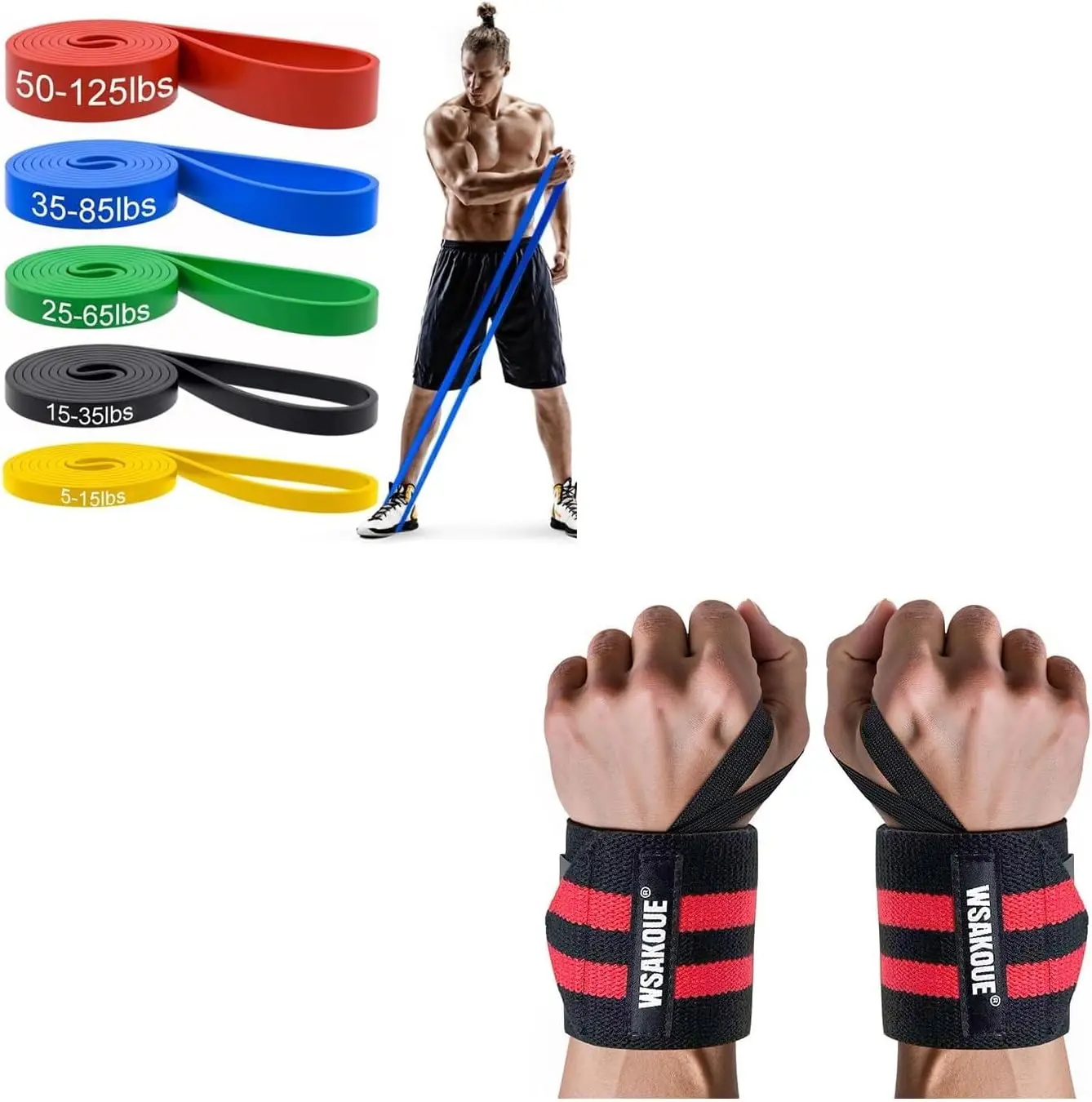 5pcs Pull Up Bands with 1 Pair 18'' Wrist Wraps for Working Out, Powerlifting