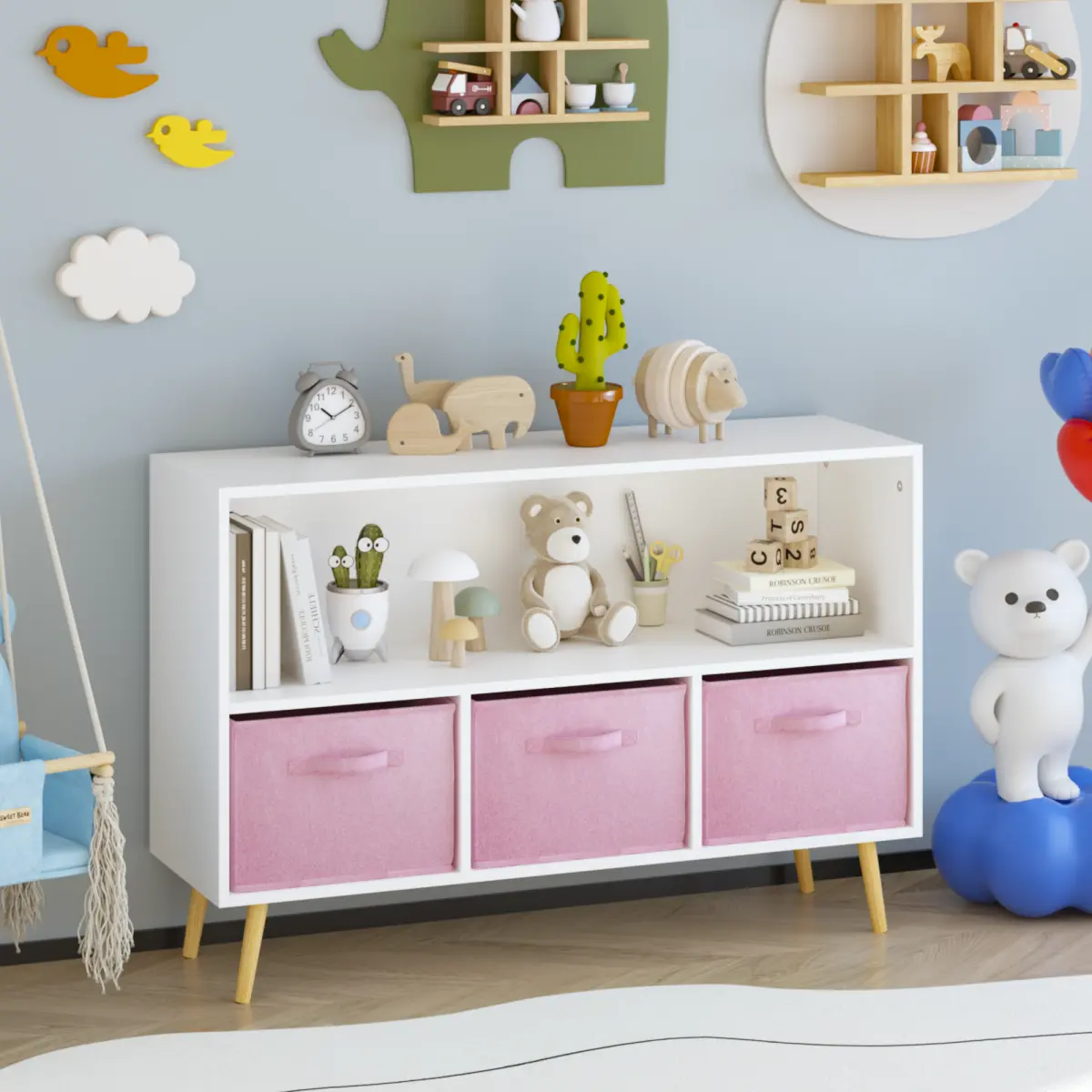 Kids Bookcase and Bookshelf, Multi Shelf Toy Storage Organizer, Kids Bookshelf with 3 Collapsible Fabric Drawers and Pine Legs, Kids Book and Toy Display Rack for Bedroom, Playroom White+Pink