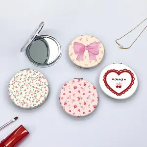 Small fresh style small flower bow love pattern easy to carry folding small mirror mini handheld makeup mirror flap light round touch-up mirror suitable for daily birthdays and festivals Valentine's Day gifts for female relatives and sisters friends