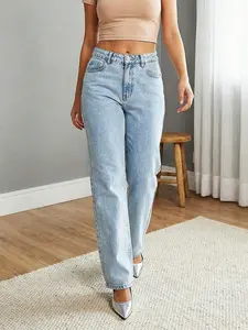 Chicsale Women's Straight Leg Denim Pants - Relaxed Fit Loose Jeans With Pockets,Solid Color Rigid Jeans,Versatile Everyday Casual Wear