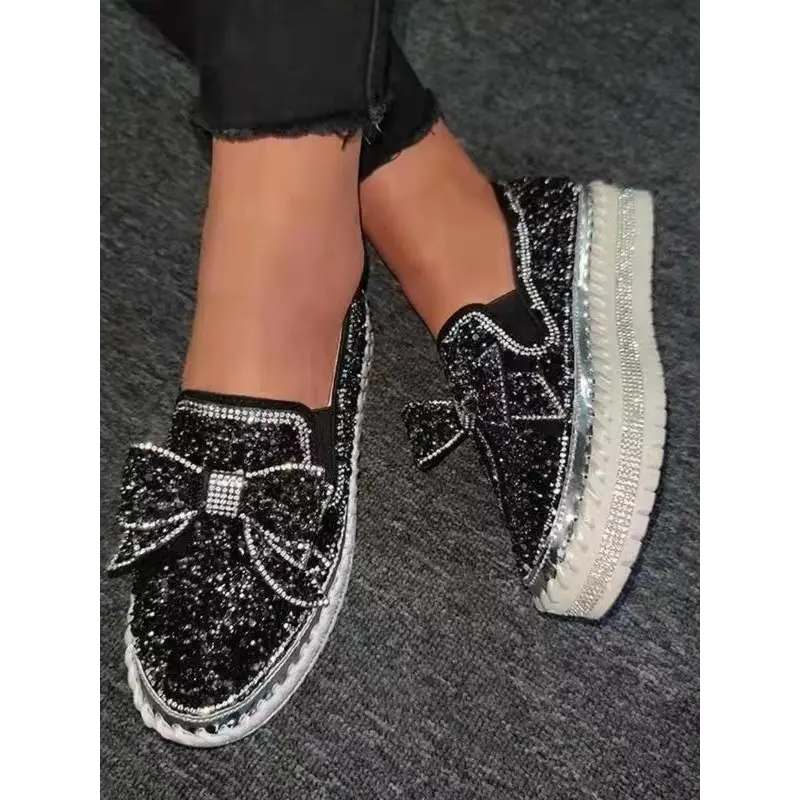 Women's Rhinestone Bow Decorated Slip on Loafers, Work Shoes, Round Toe Trending Shoes, Fashionable Glitter Platform Elegant Casual Comfortable Shoes for Daily Wear