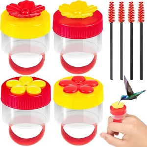 Hand Held Hummingbird Ring Feeders, 4 count Mini Hummingbird Hand Feeder with 4 count Cleaning Brush, Window Humming  Bird Feeders Tools for Outdoors Supplies
