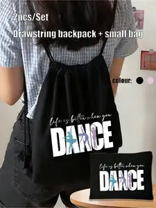 Two piece fashionable and minimalist printed backpack with drawstring pocket and "Dance Three Colors" pattern printed on it; Leisure foldable shoulder bag with fixed shoulder strap and buckle; Large capacity sports bag; Reusable travel bag