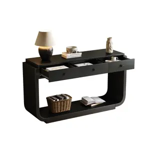 Modern Retro Black MDF Console Table with Curved Legs, 3 Drawers and Bottom Storage Shelf, Anti-Tip Design Entryway Sideboard with Black Metal Handles for Living Room Hallway Study
