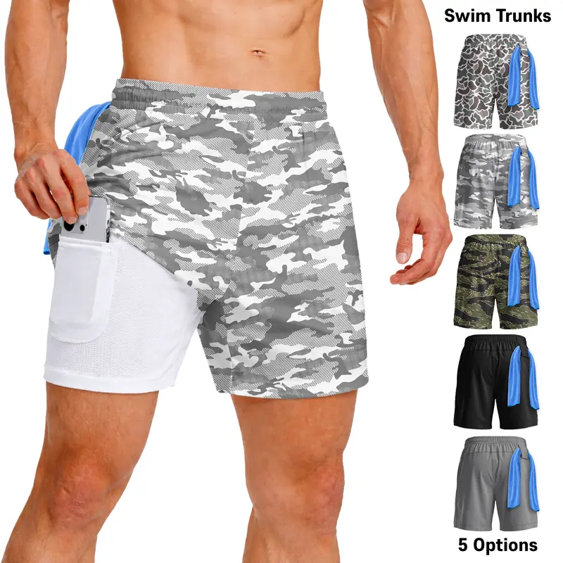 Men’s 7 In Quick-Dry 2-in-1 Swim Trunks with Compression Liner, Pockets, Drawstring, Stretch Fabric - Above-Knee, Anti-Odour, UV-Protective Sportswear for Beach, Boating, Gym