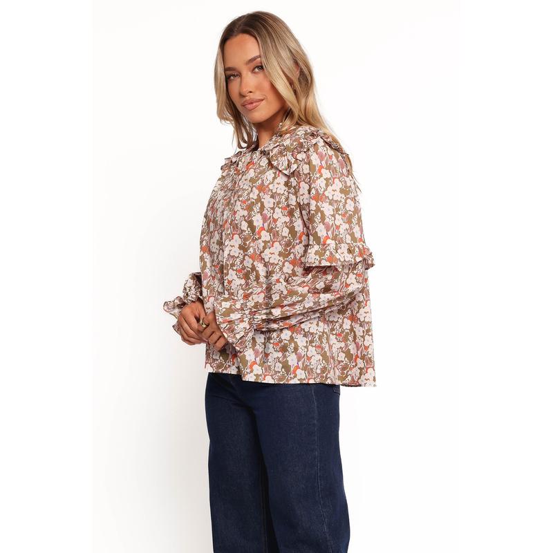 Selmah Long Sleeve Top - Cream Olive Orange