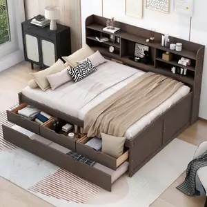 Full Size Captain Bed with Trundle and Drawers, Wooden Platform Bed with Built-in Bookshelves,Storage and Slats, No Box Spring Needed