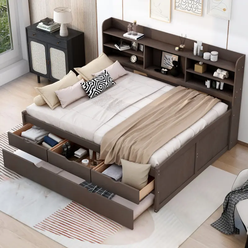 Full Size Captain Bed with Trundle and Drawers, Wooden Platform Bed with Built-in Bookshelves,Storage and Slats, No Box Spring Needed