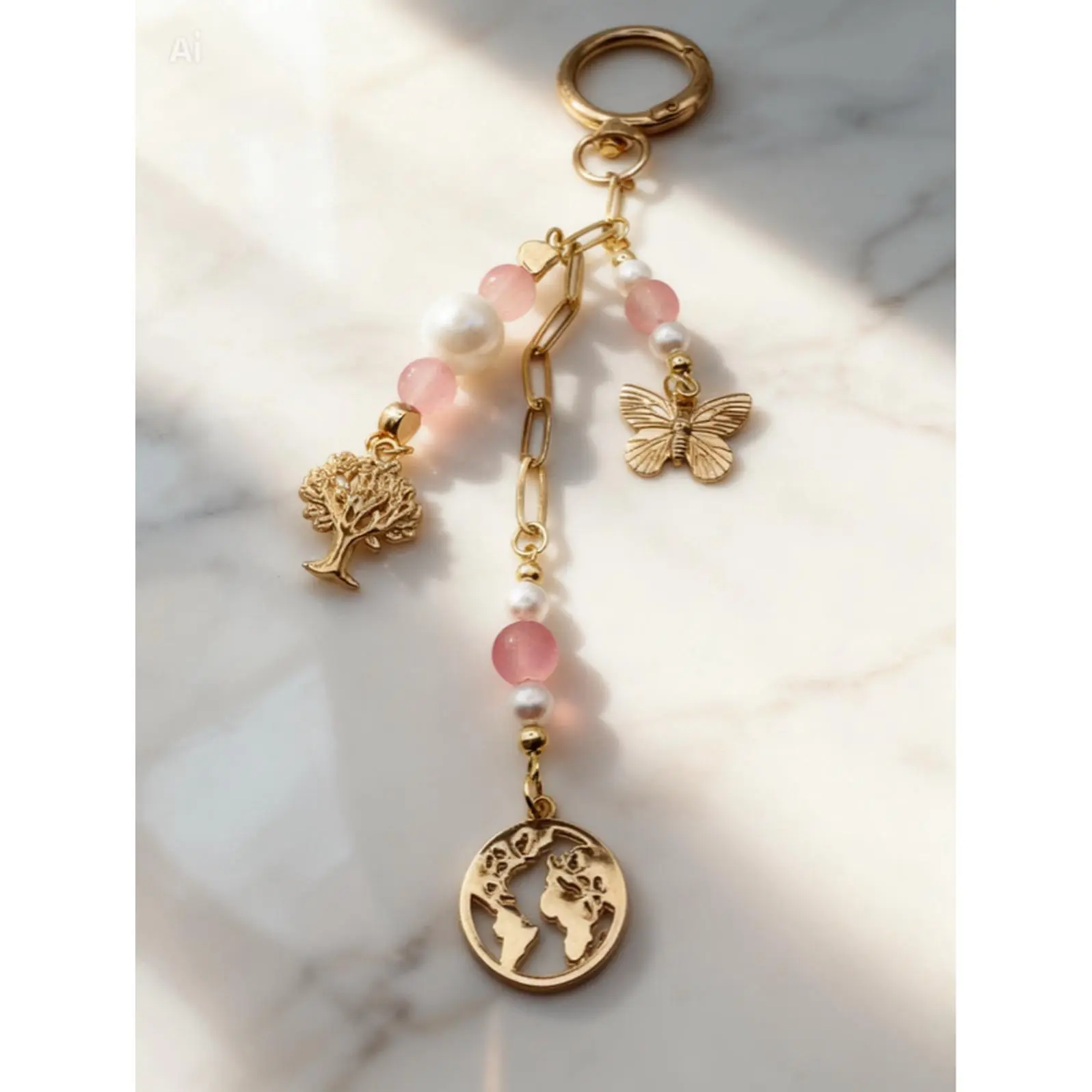 Gold Earth Butterfly Tree Charm Keychain with Pink Quartz Pearl Bag Clip - Whimsical Nature Wanderlust Boho Chic Accessory