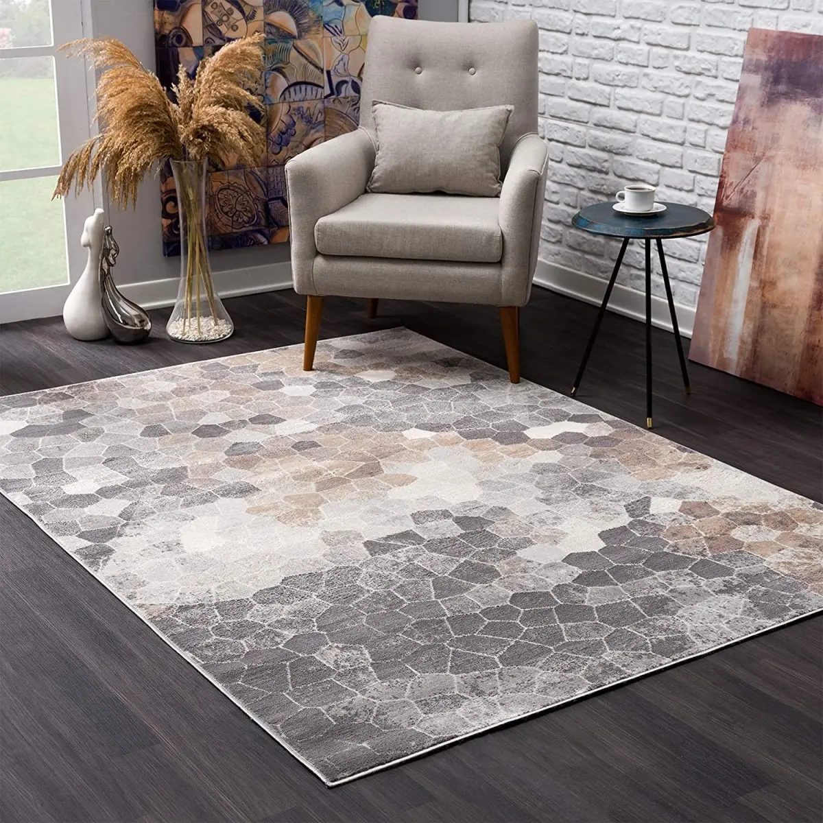 2x3 ft. Beige Geometric Cobblestone-Design Low Pile Scatter Area Rug - 360 Stand, Indoor Use, Modern Neutral Tones, Stain Resistant, Bedroom, Dining Room Decorative Floor Rug, Bedroom Rug