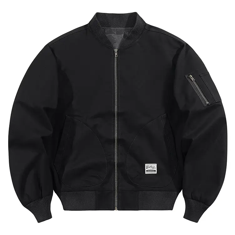 Men's Stylish Cotton Baseball Collar Bomber Jacket - Fitted Cut, American Casual Zipper, Long Sleeve Plain Menswear Coat, Ideal for Chinos, Jeans, Black Outfits Vibe, Men's Clothes