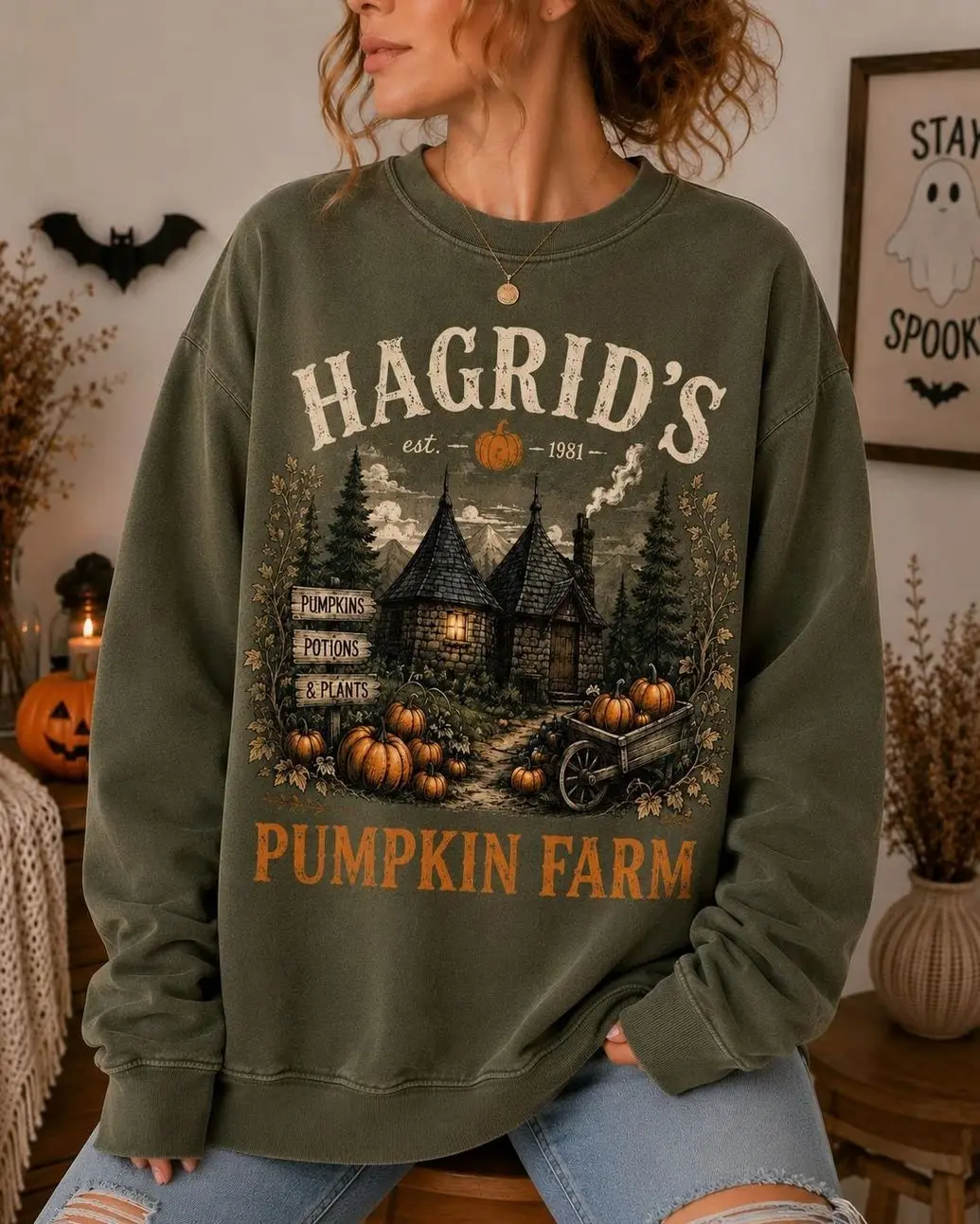 Hagrid Pumpkin Farm Sweatshirt, Wizard Pumpkin Patch Crewneck, Cozy Halloween Sweatshirt, Fall Cottagecore Pullover, Spooky Season Graphic Crewneck, Retro Wizarding World Shirt, Autumn Aesthetic Apparel, Magical Halloween Gift for Women