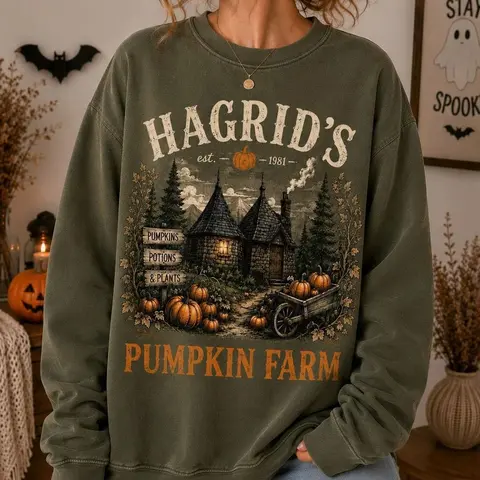 Hagrid Pumpkin Farm Sweatshirt, Wizard Pumpkin Patch Crewneck, Cozy Halloween Sweatshirt, Fall Cottagecore Pullover, Spooky Season Graphic Crewneck, Retro Wizarding World Shirt, Autumn Aesthetic Apparel, Magical Halloween Gift for Women