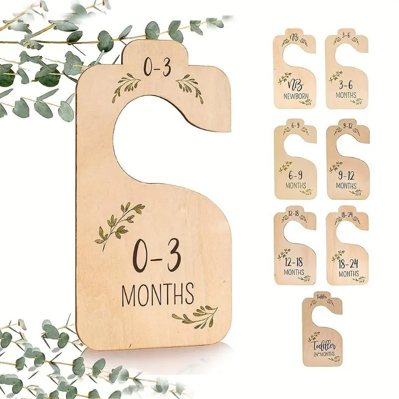 8Pcs Wooden Baby Closet Dividers, Nursery Closet Size Organizers from Newborn to Toddler 24+ Months, Botanical Greenery Theme, Gender Neutral Nursery Decor, Baby Clothes Organizer, Hanging Organiser, Baby Shower Gift, Newborn Essentials