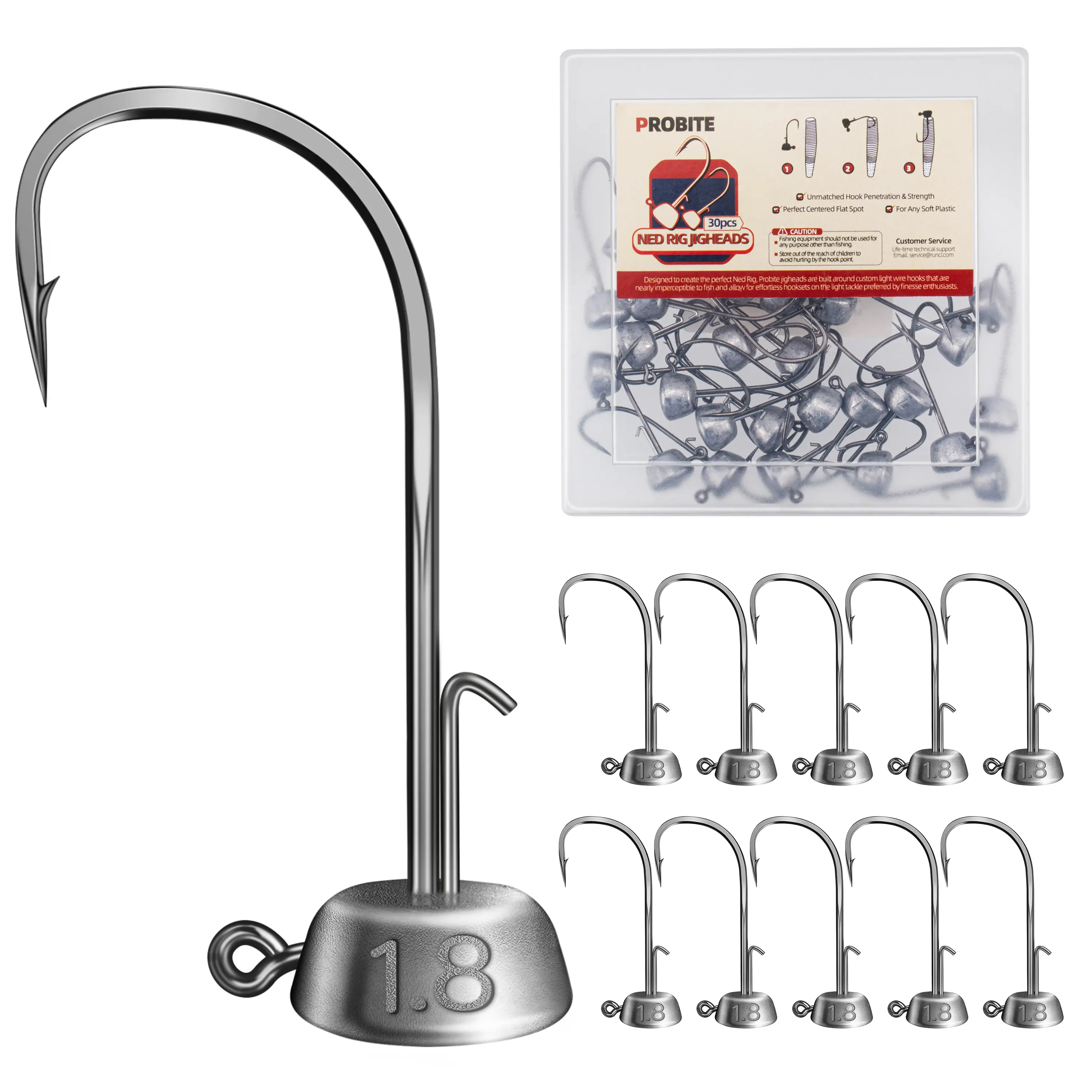 ProBite 30pc Ned Rig Jig Heads Kit, Mushroom Weighted Hooks in 5 Sizes for Bass & Crappie, Freshwater & Saltwater Soft Plastic Baits, Fishing Lure Kit