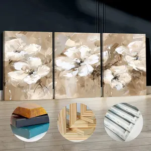 3Pcs Wooden Framed Canvas Painting, Abstract Beige White Flowers Painting, Exquisite Poster, Home Decoration, Pattern Wall Art Decor, For Living Room, Bedroom, Office, Restaurant, Bar Wall Decor, Odorless, Painting, Print Artwork.