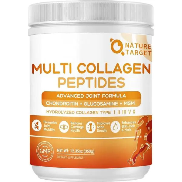 NATURE TARGET Multi-Collagen-Peptides-Powder for Joint Support, Hydrolyzed Collagen for Women Men with MSM + GC, Type I II III V X Collagen for Skin Hair & Nail, Non-GMO, 35 Servings