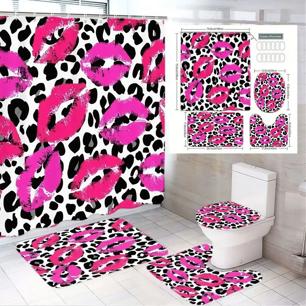 1/4pcs Leopard Print Bathroom Set, Bathroom Decoration Accessories, Bathroom Accessory - Pink & Black Leopard Kisses Shower Curtain Sets, Matching Bath Mat & Toilet Seat Cover - Perfect for Valentine's Day, Home Decor Gift, Vibrant Playful Aesthetic