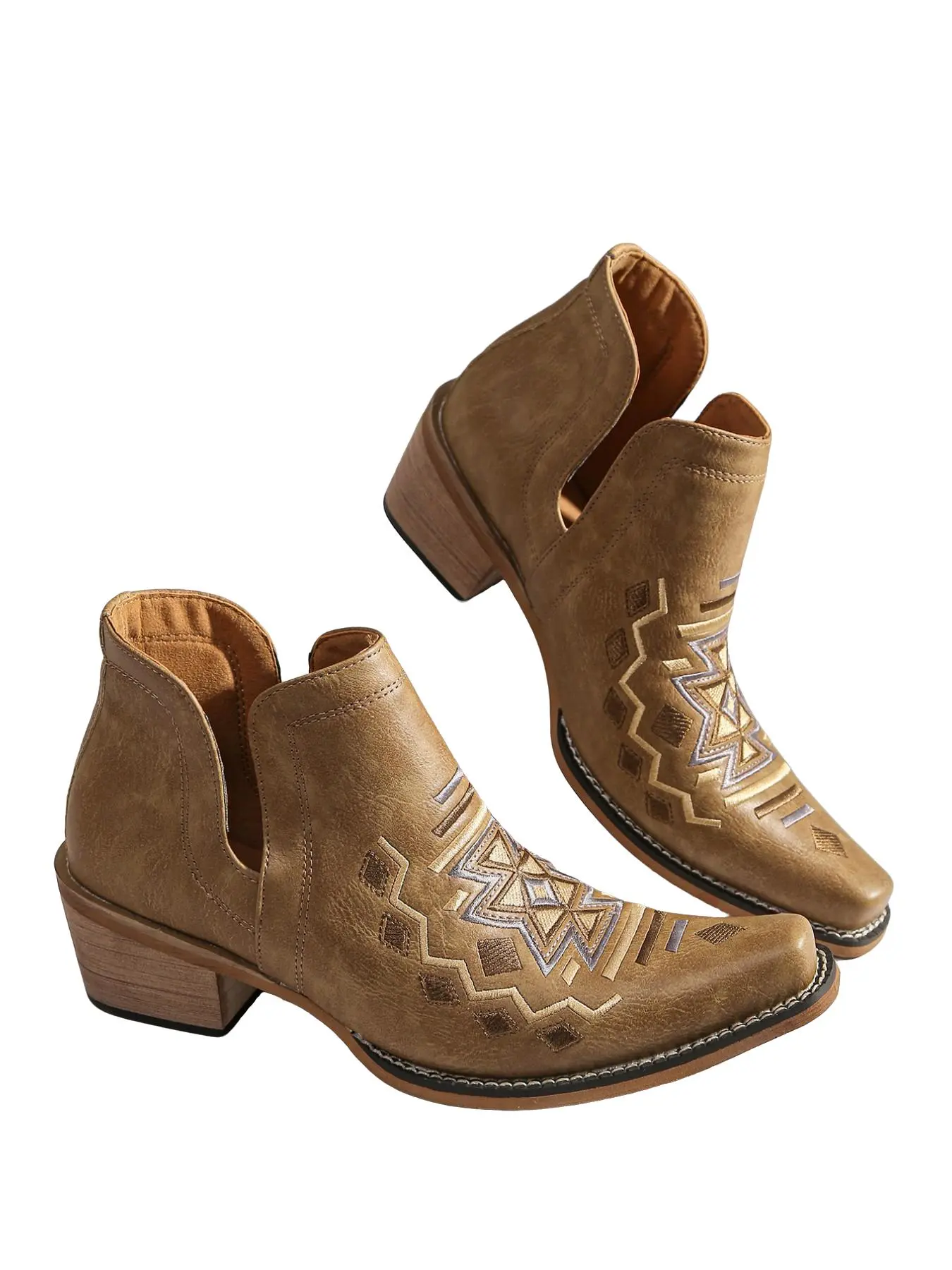 Women's Western Style Embroidered Short Boots, PU Leather Boots, Bohemian Square Toe Thick Heel, Casual Spring Fall Shoes, Unique Design Cowgirl Boots, Chunky Ankle Boots