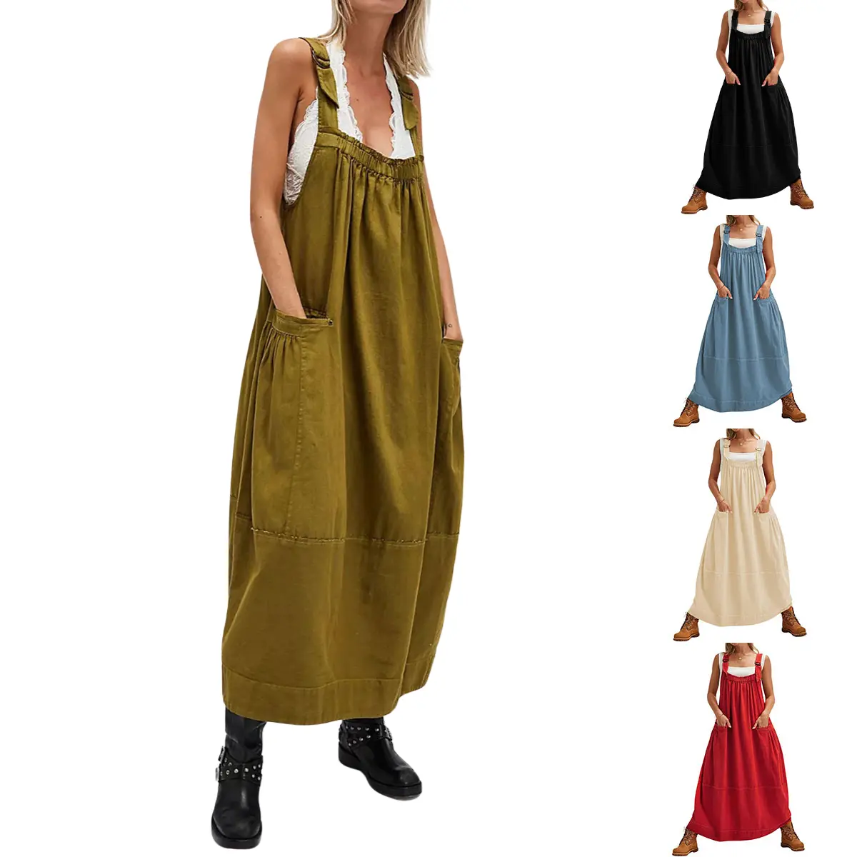 Molitree Women's Barrel Midi Dress Loose Adjutable Strap Big Pockets Maxi Dress Overall Jumpsuits Summer Casual Green Womenswear Clothing Basic Armygreen Minimalist