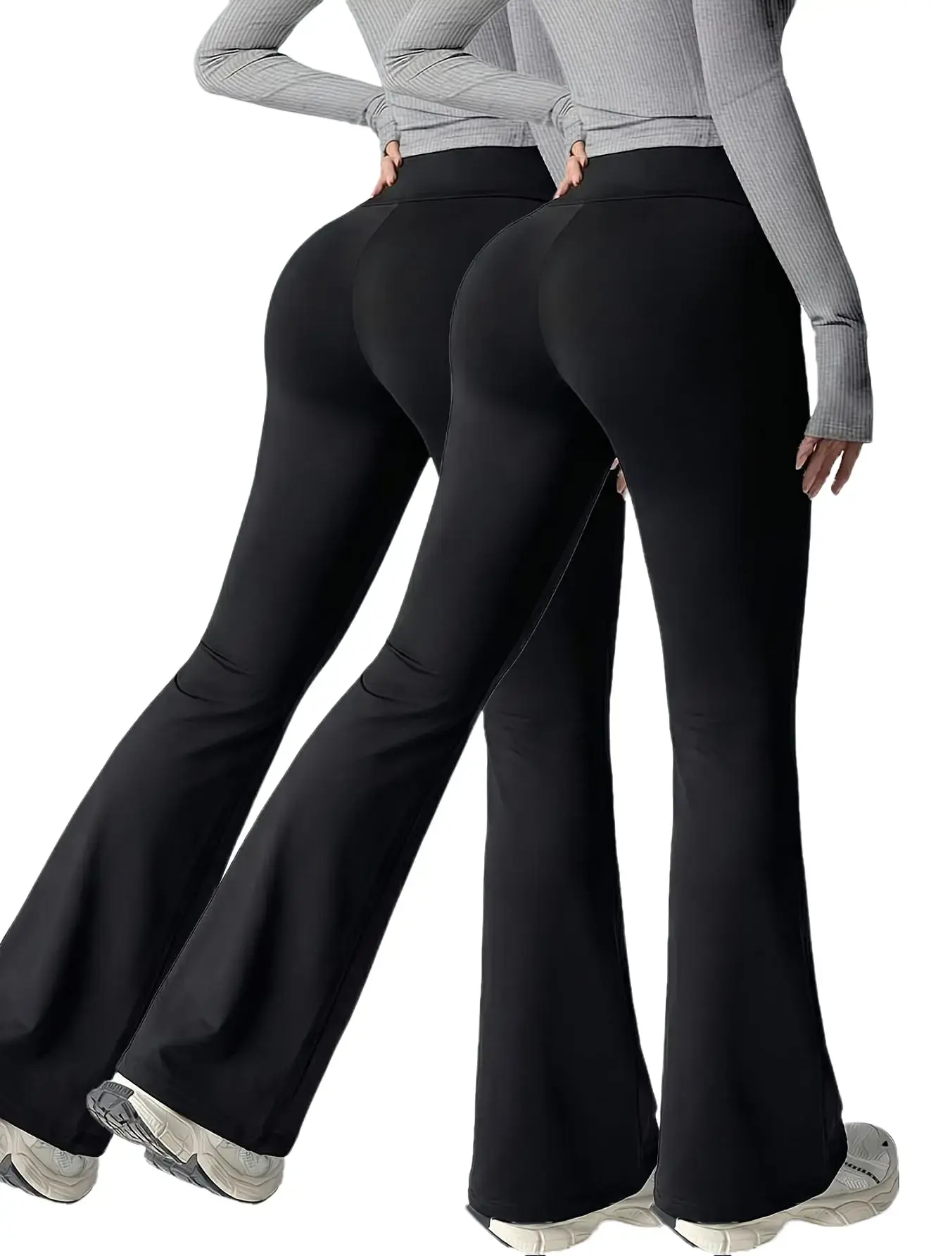 Women's 2PCS V-Crossover Butt Lifting High-Waisted Stretchy Bootcut Flare Leggings with Pockets - Slim Fit Trousers for Gym, Casual Work, Machine Washable Solid Color Bottoms, Flare Leggings Women