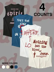 Men's Round Neck Sleeveless T-Shirt Set, Christian Cross Faith Print, Street Style, Casual Wear, Vintage Look, 4 Pieces