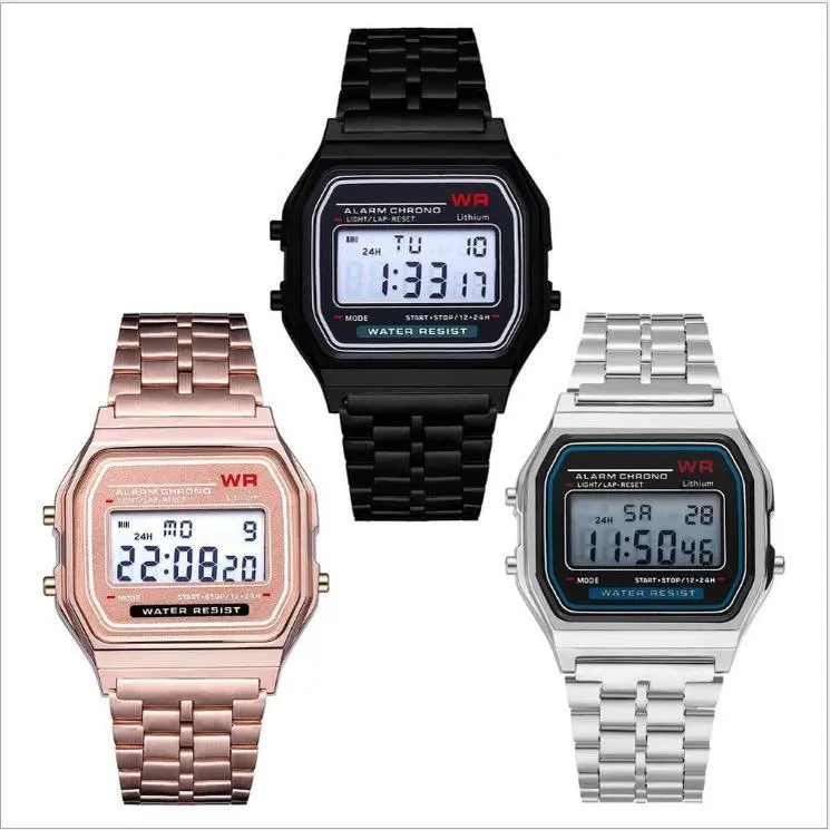 Classic Vintage Digital Watch for Men & Women, Black Metal Band Waterproof Electronic Wristwatch