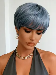 Grey Straight Human Hair Short Layered Pixie Cut Wig with Bangs Full Machine Made for Daily Party Cosplay