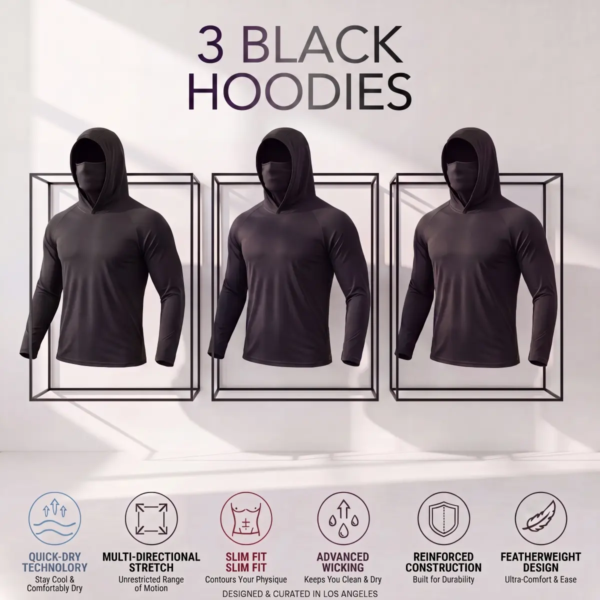 Men's Summer UPF 50 Sun Protection Hoodies, 3-Pack All Black Quick Dry Breathable Compression Workout Tops with Built-in Face Cover, Long Sleeve Tactical Athletic Shirts for Fishing, Hiking, Construction, Gym, Spring & Fall Outdoor Work Wear