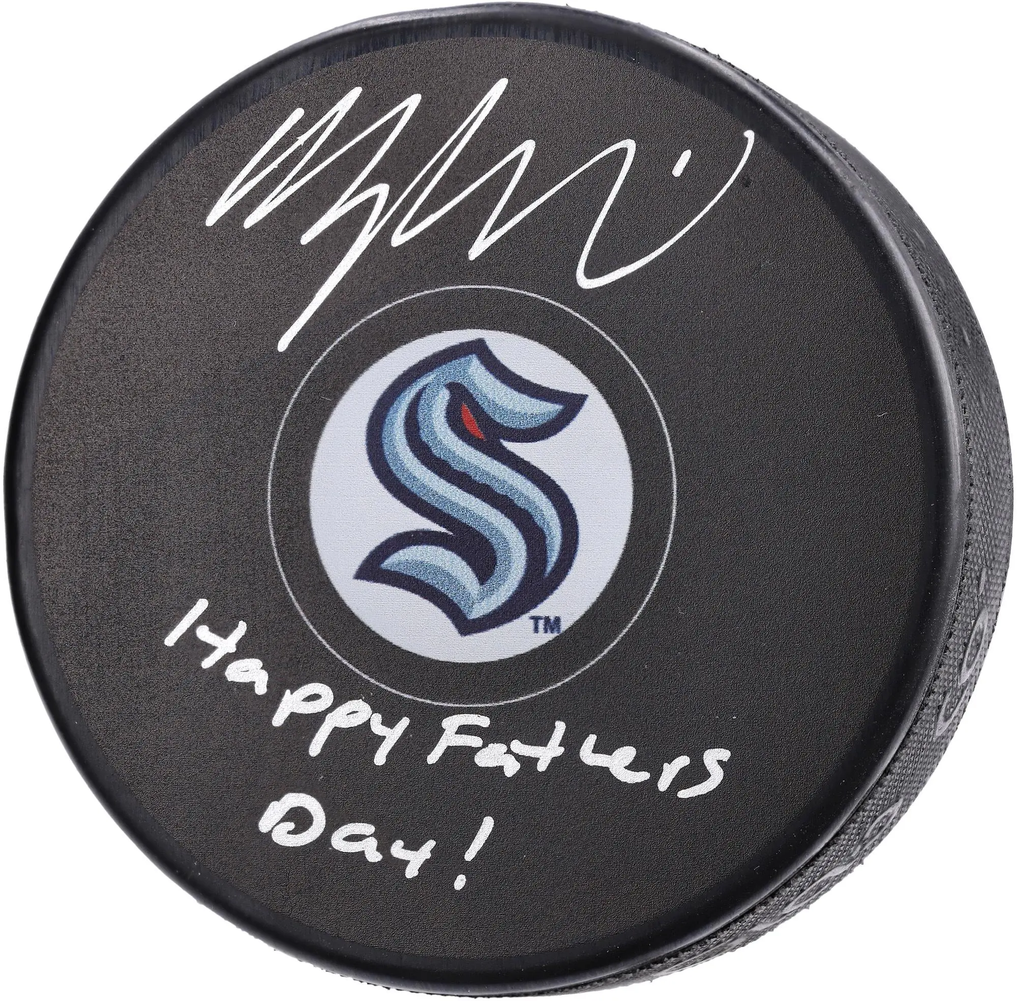 Morgan Geekie Seattle Kraken Autographed Hockey Puck with "Happy Father's Day!" Inscription - NHL Auctions Exclusive - Fanatics Authentic Certified