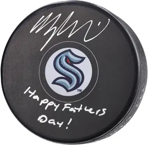 Morgan Geekie Seattle Kraken Autographed Hockey Puck with "Happy Father's Day!" Inscription - NHL Auctions Exclusive - Fanatics Authentic Certified