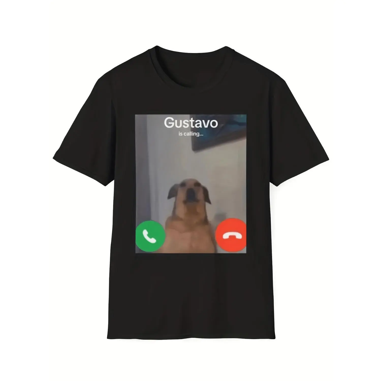 Gustavo the Dog'S Funny Phone Call Graphic T-Shirt - Black Casual Short Sleeve Round Neck Tee with "Gustavo is Calling" Text & Dog Face Design, Machine Washable Gift For Dog Lovers