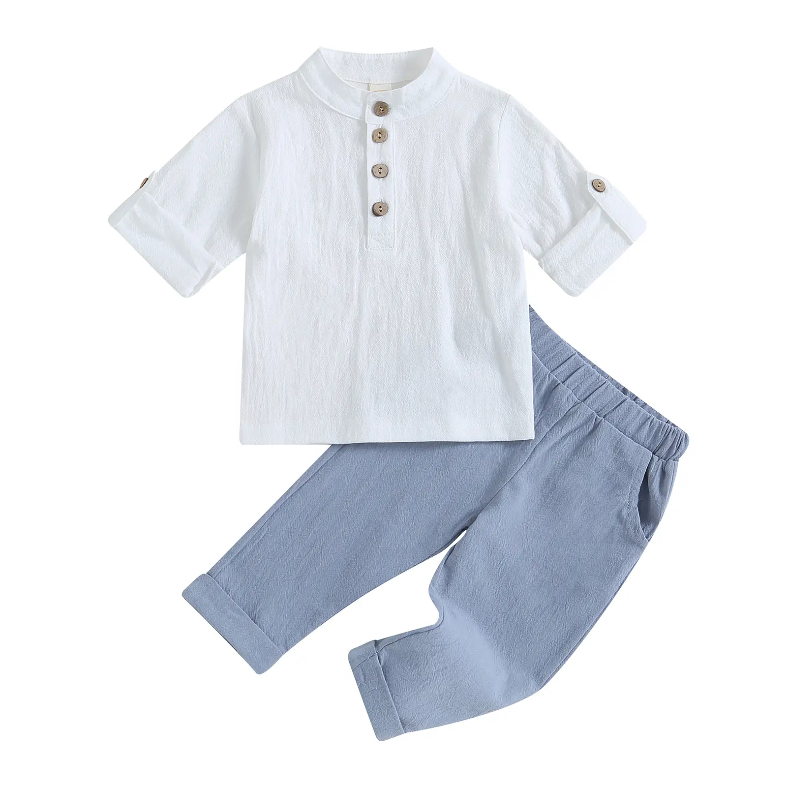 Kids Boys Outfits Solid Color Buttons Short Sleeve Shirts and Elastic Waist Long Pants 2Pcs Clothes Set