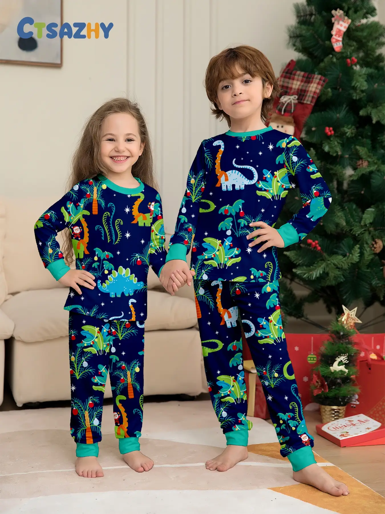 Long Sleeve Pajama Set, Dinosaur Print Pants, Casual Fall & Winter Home Wear, Comfortable Holiday Sleepwear, 2 Piece Set