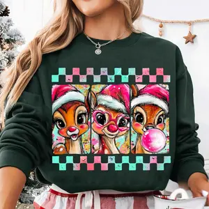 Preppy Brushstroke Christmas Snowman And Reindeer Sweatshirt, Cute Xmas Characters Sweater, Merry Christmas Movie Hoodie, Holiday Shirt