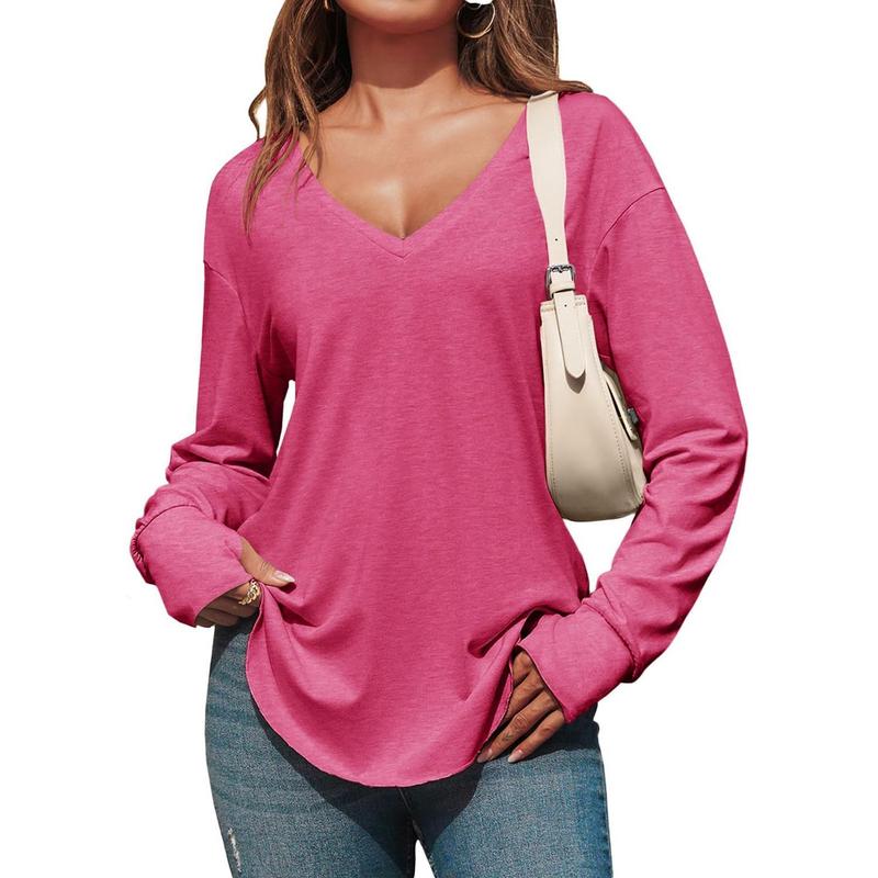 Imily Bela Womens Deep V Neck Tunic Tops Long Sleeve Oversized Casual Loose Fit Curved Hem T Shirts