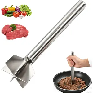 Stainless Steel 6 Blade Ground Beef Chopper Tool with Long Handle, Shredder for Potato Hamburger Vegetable Puree, Dishwasher Safe