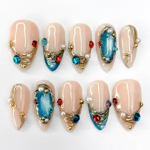 Pastel with Gold Jewel Nails, Luxury Teal and Gold with Rhinestones and Pearls Press-on Nails, Holiday Custom Nails For Girl, Women, Handmade Reusable nails