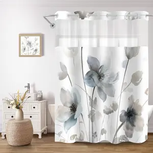 71x74 Inch No Hook Blue Grey Boho Floral Shower Curtain & Liner Set, Waterproof Watercolor Flower Bathroom Curtain with Snap-in Liner for Bathroom Decor