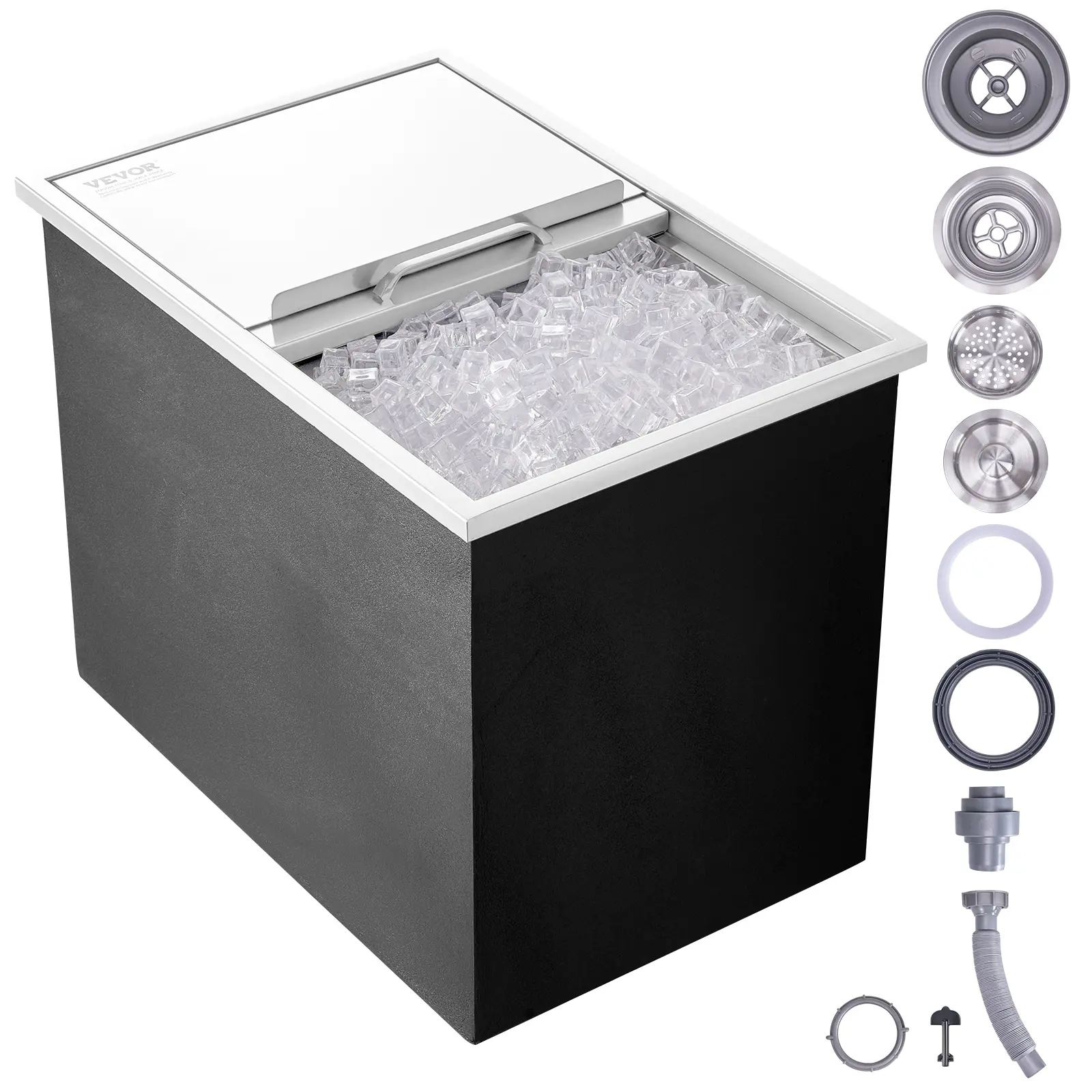 VEVOR Drop in Ice Chest,  27"L x 18"W x 21"H Stainless Steel Ice Cooler, Commercial Ice Bin with Sliding Cover, 40.9 qt Outdoor Kitchen Ice Bar, Drain-pipe and Drain Plug Included, for Cold Wine Beer Utensils Indoor