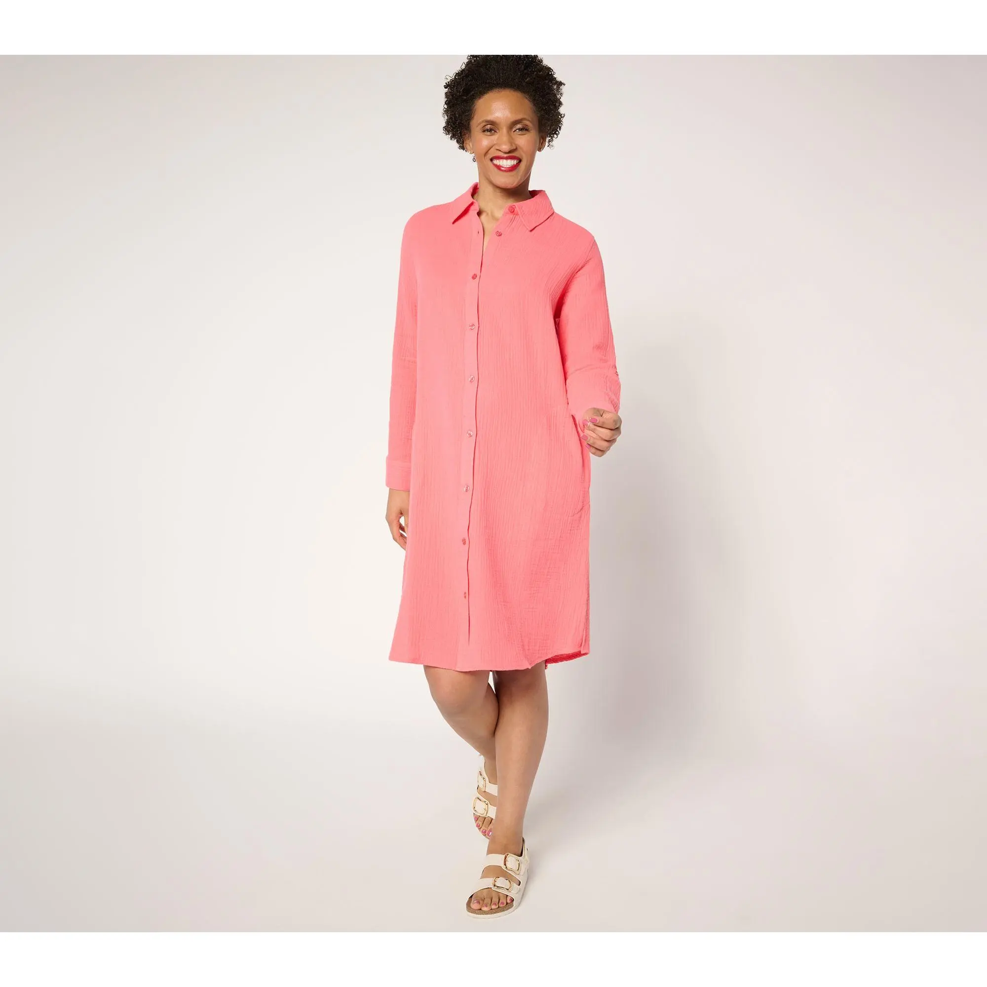Denim & Co. Beach Petite Cotton Gauze Button Front Dress Cover-Up