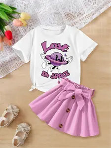 2-Pack Girls' Cute Casual Crew Neck Short-Sleeve T-Shirt & Skirt Sets | Planet Pattern Prints | Summer Stylish Sweet Outfits