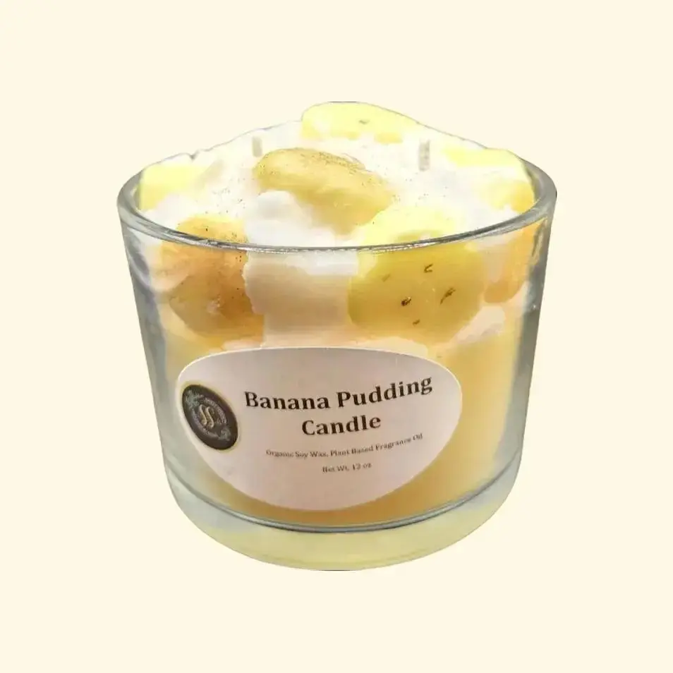 Banana Pudding Dessert Candle – 12 oz | Handmade Soy Candle with Whipped Wax & Banana Embeds | Sweet Bakery Scent | Gift Ready