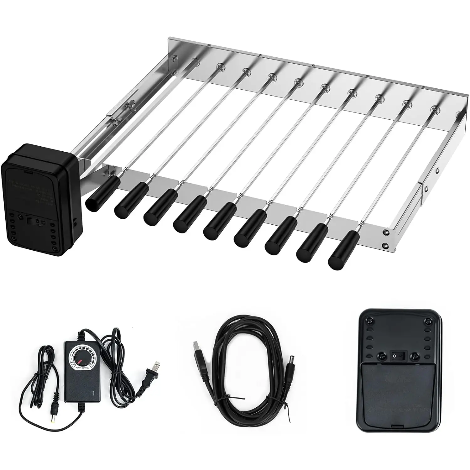 Stainless Steel Electric Barbecue Shish Kabob Skewer Set with 9 count Skewers, Automatic Rotating Skewer Turner with Adjustable Speed  and Adjustable Length Rotisserie BBQ Grill Rack