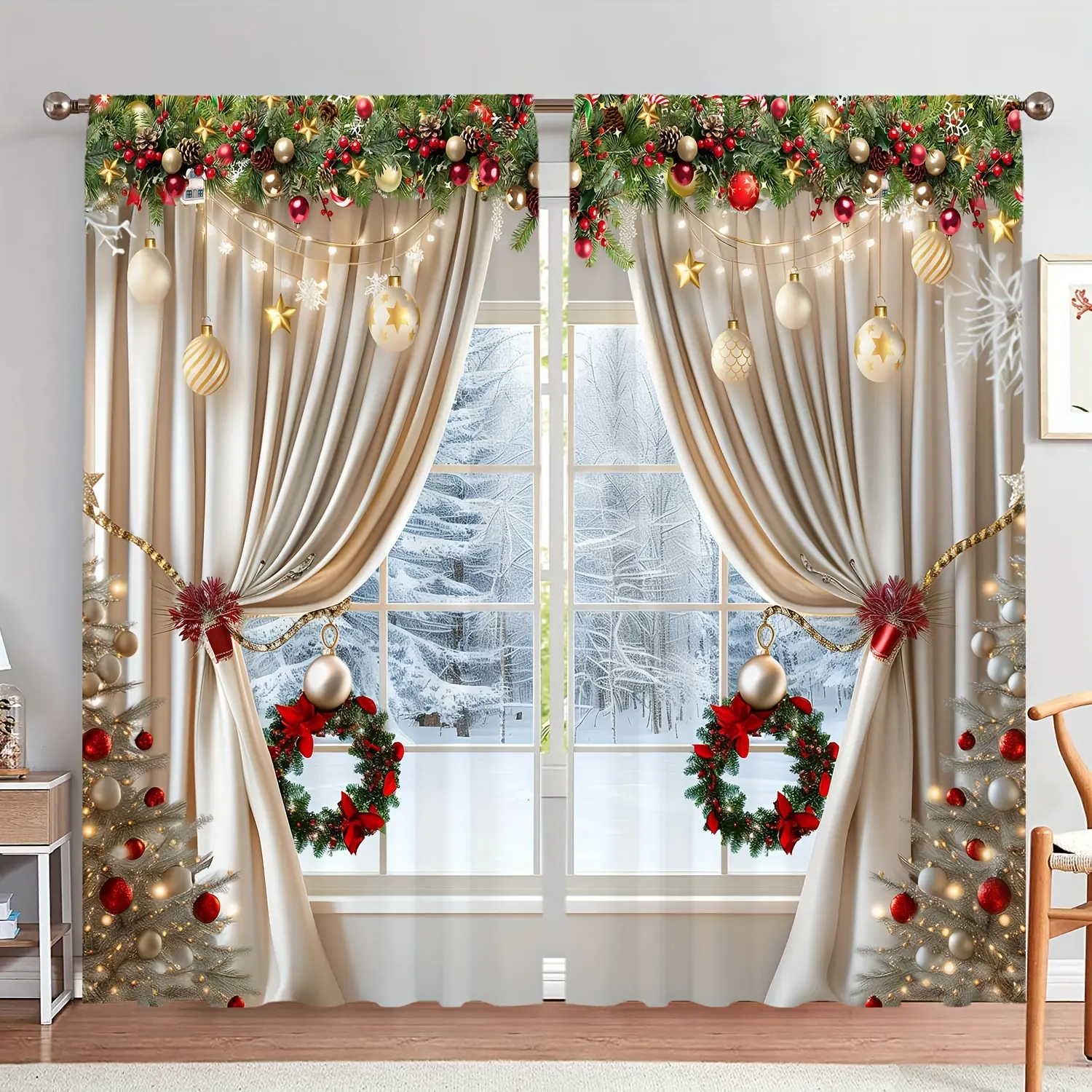 2 pieces, 2D flat printed gold luxury Christmas simulation printed window curtain, pole pocket style, semi sunshade polyester fiber, suitable for home living room, bedroom, balcony, and coffee shop Christmas decoration.