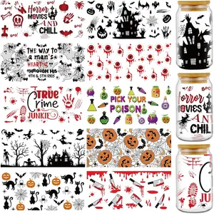 UV DTF Cup Wrap - 10 Sheets Halloween UV DTF Cup Wraps for 16 oz, Horror Pumpkin Skeleton Bat Uvdtf Decals, Black Tree Cat Castle Rub on Transfer Stickers for Glass, DIY Wood Crafts