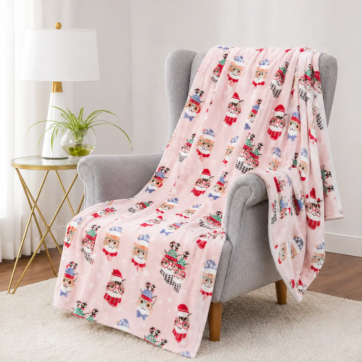 Pink Christmas Cat Flannel Throw Blanket - Soft, Lightweight, 1-Sided Kitty Print with White Reverse, Cozy Cover for Adults Kids Home Decor Gift